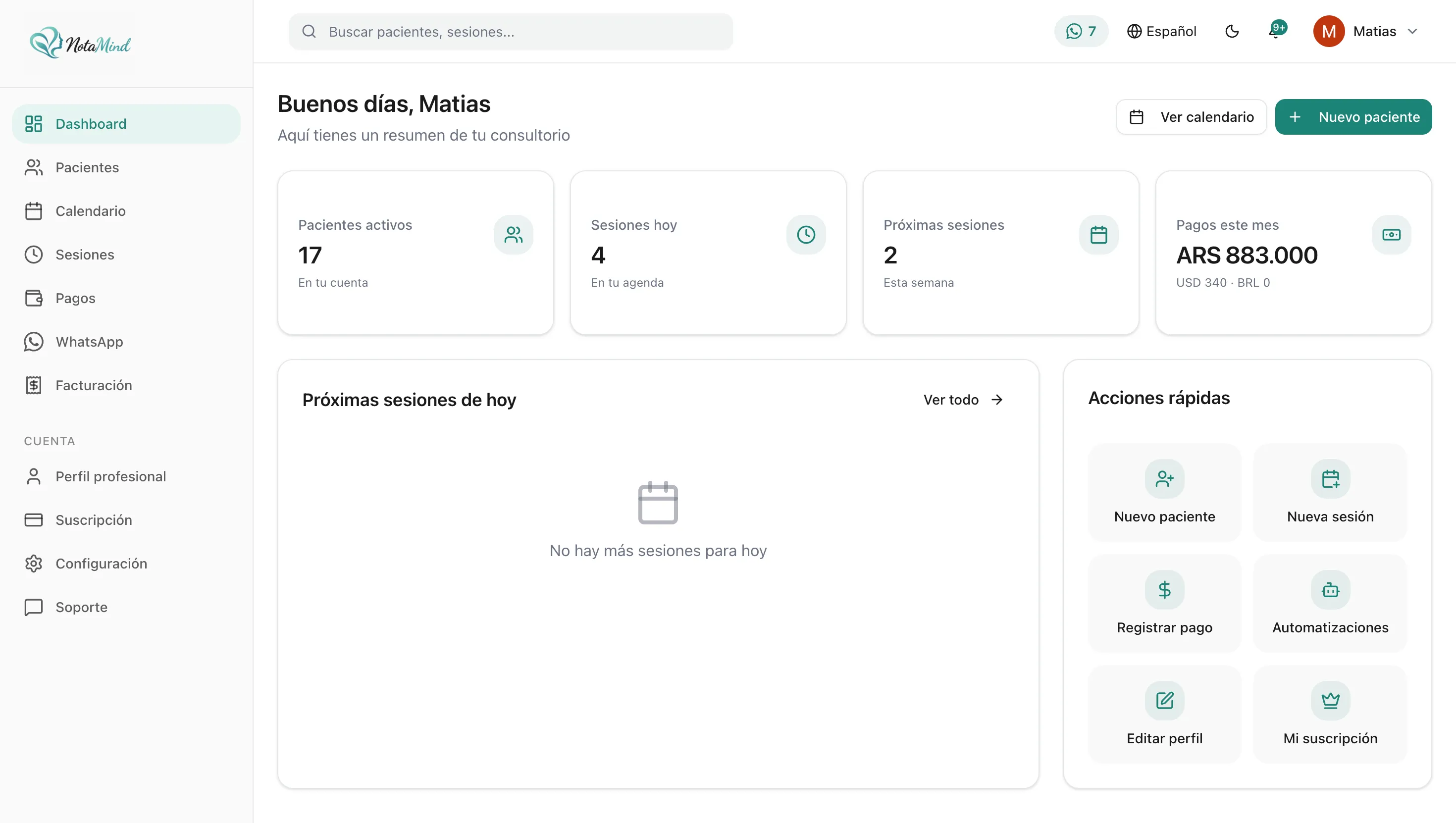 NotaMind — dashboard del consultorio