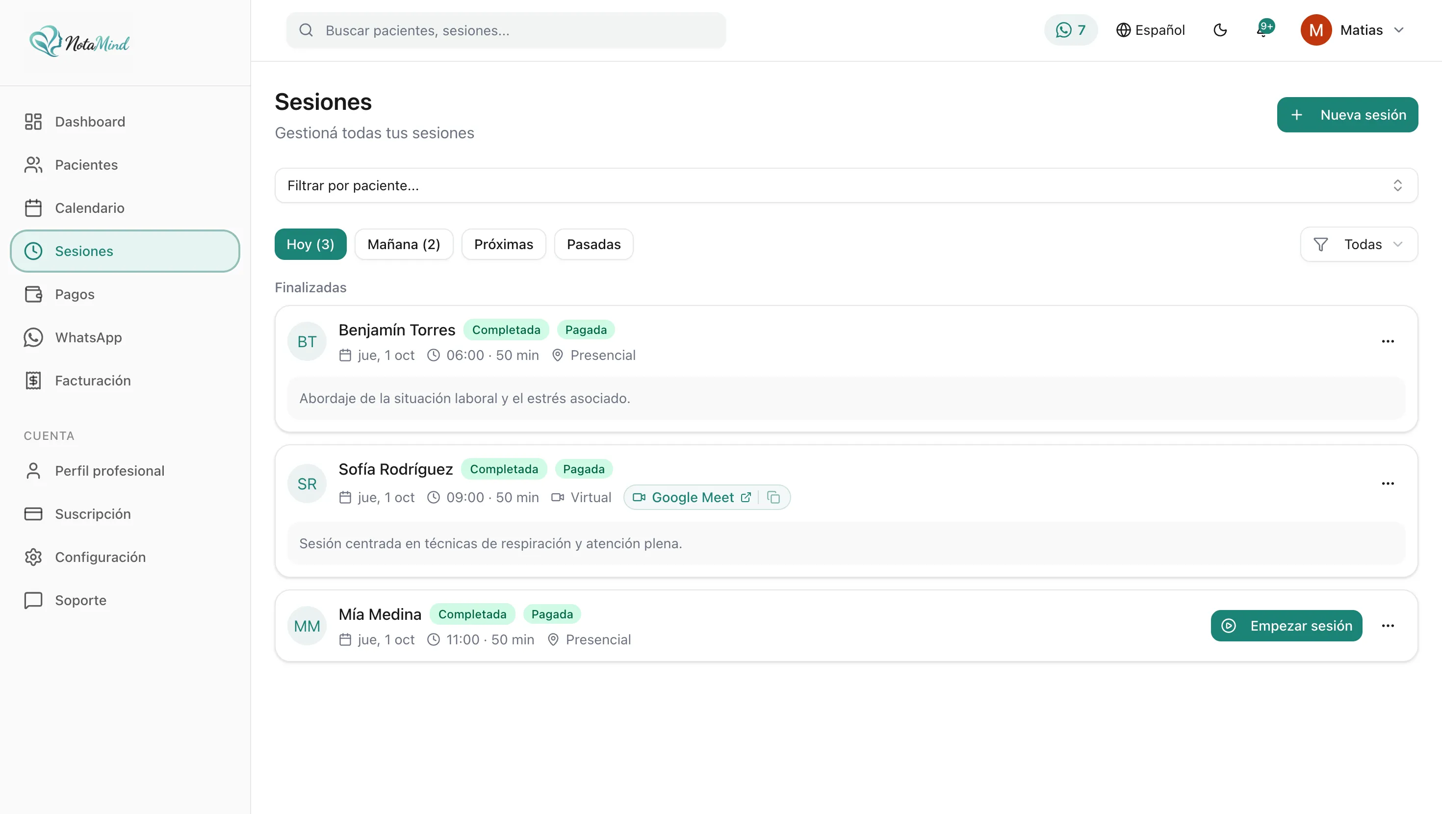 NotaMind — Sesiones: Notas de sesión y videollamada integradas